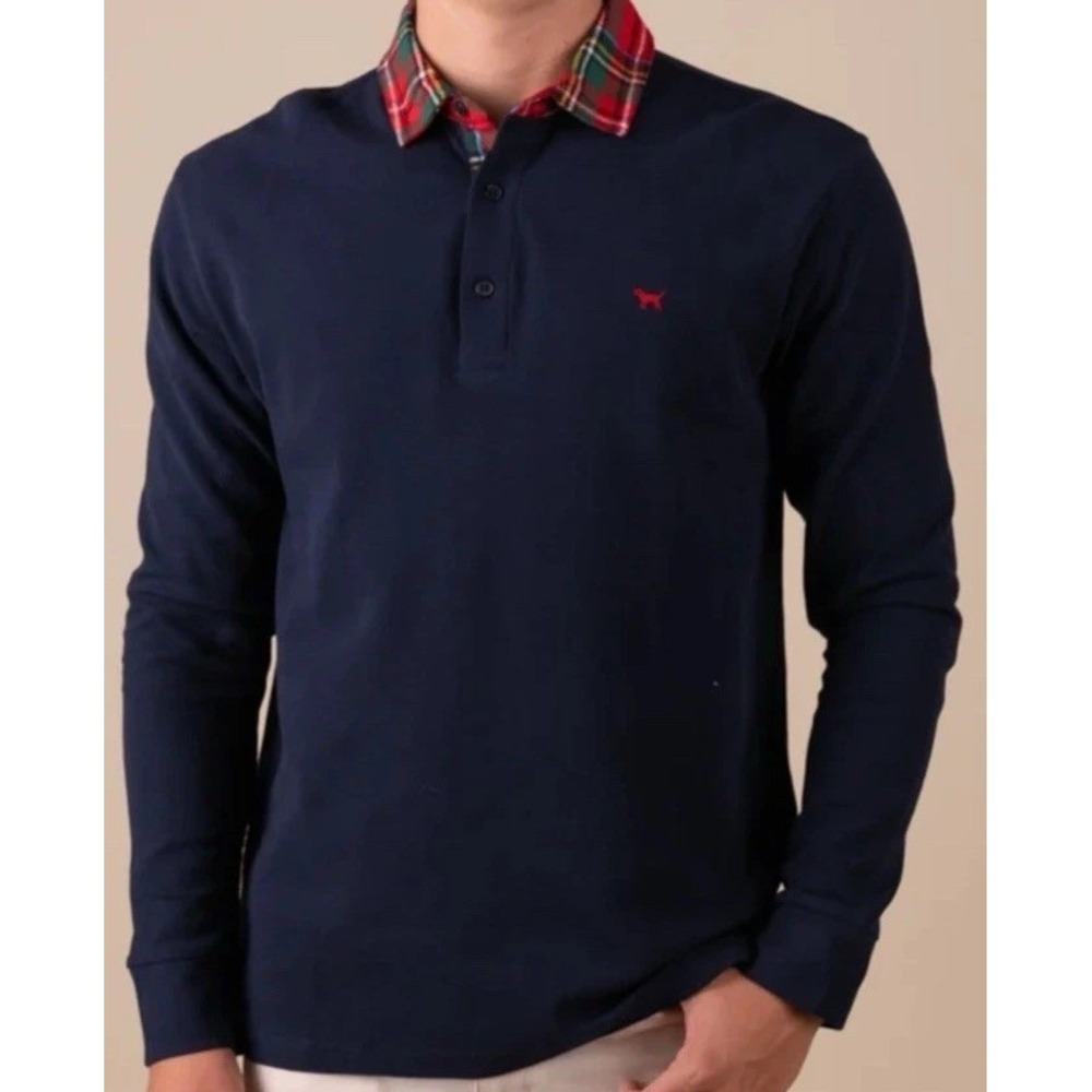 New Simply Southern Long Sleeve Polo Shirt Navy Blue Plaid Collar Men's XL